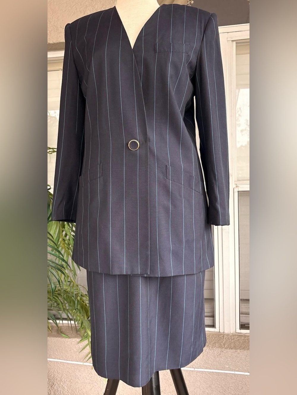 Navy Pinstripe Single-Button Blazer and skirt set